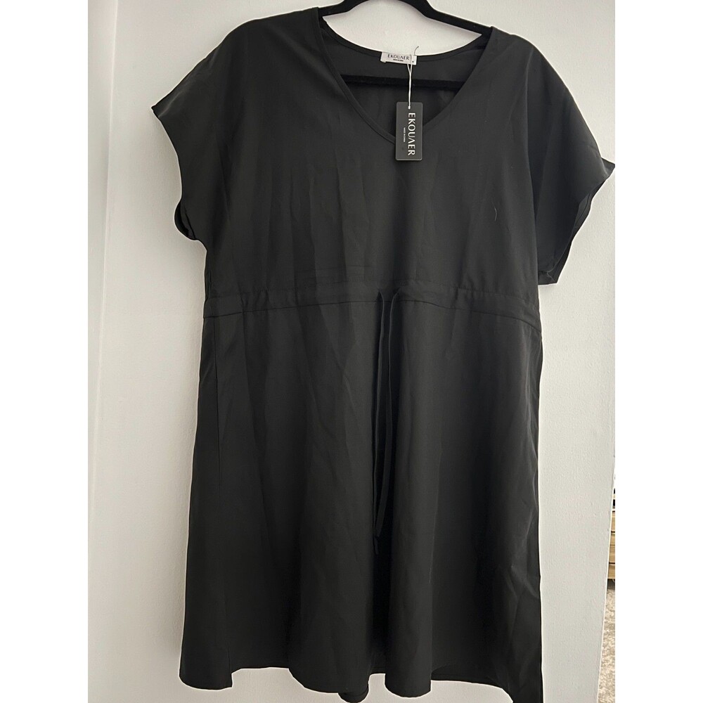 NWT Women's Ekouaer Black Cover-up Dress with Waist Synch Size Medium